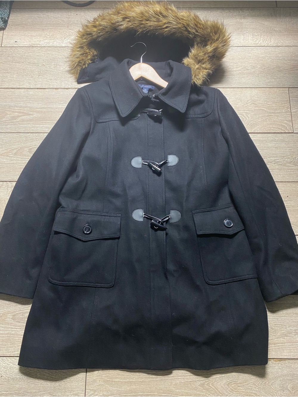 Tommy Hilfiger Women Black Wool Blend Duffle Coat Faux Fur Hood Toggle Jacket L